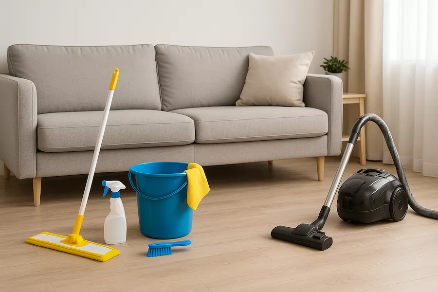 “Soffa och städutrustning i ljus möblerad bostad – symboliserar flyttstädning av möblerade hem med fokus på noggrann rengöring och fräsch helhetskänsla”